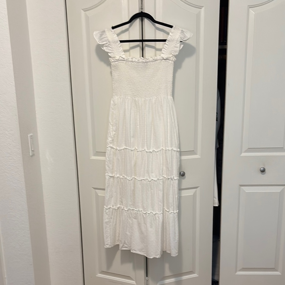 White Square Neck Puff Sleeve Midi Dress